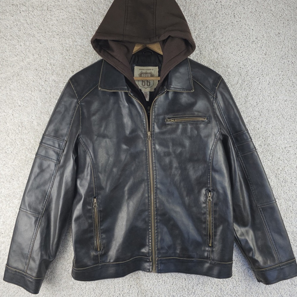 Route 66 Moto Faux-Leather Bomber Jacket Coat Hoodie Men's Medium Distressed